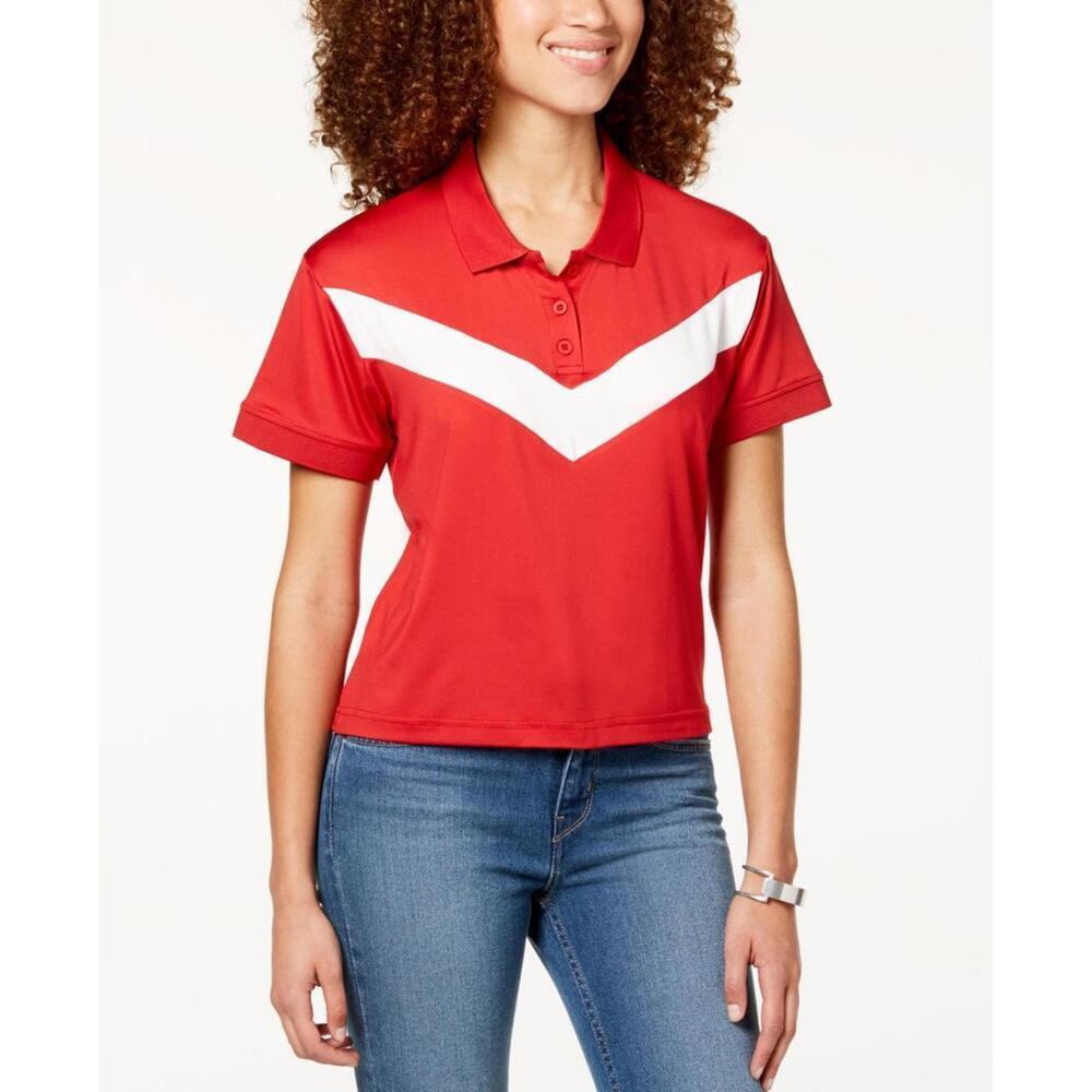 Almost Famous Womens Cropped Chevron-Stripe Polo Size M